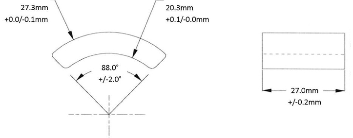 厚度7mm弧形磁钢片 外R27.3mm 内r20.3mm尺寸示意图 厚度7mm弧形磁钢片 外R27.3mm 内r20.3mm尺寸示意图