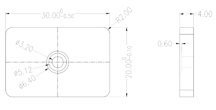 F30x20x4带沉孔铁氧体磁铁尺寸示意图 F30x20x4带沉孔铁氧体磁铁尺寸示意图